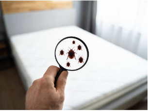 A person examines a bed for bed bugs using a magnifying glass, highlighting the search for these pests.